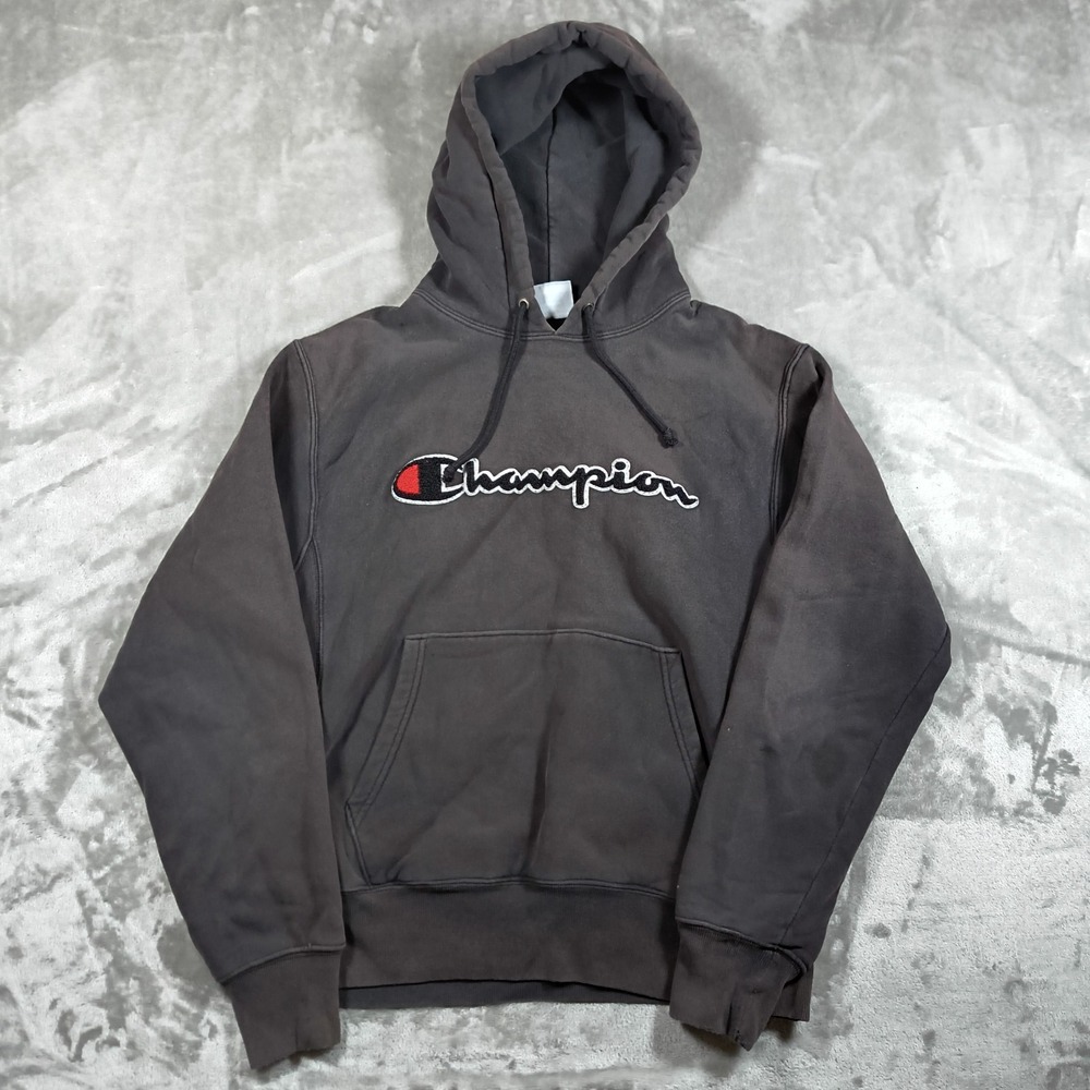 Champion Reverse Weave Hoodie Mens Medium Gray Pullover Sweatshirt Spellout Logo